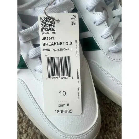 NWT ADIDAS Breaknet 3.0 Sneaker, Tennis Shoe, Men's Size 10, White/Green - Picture 8 of 9